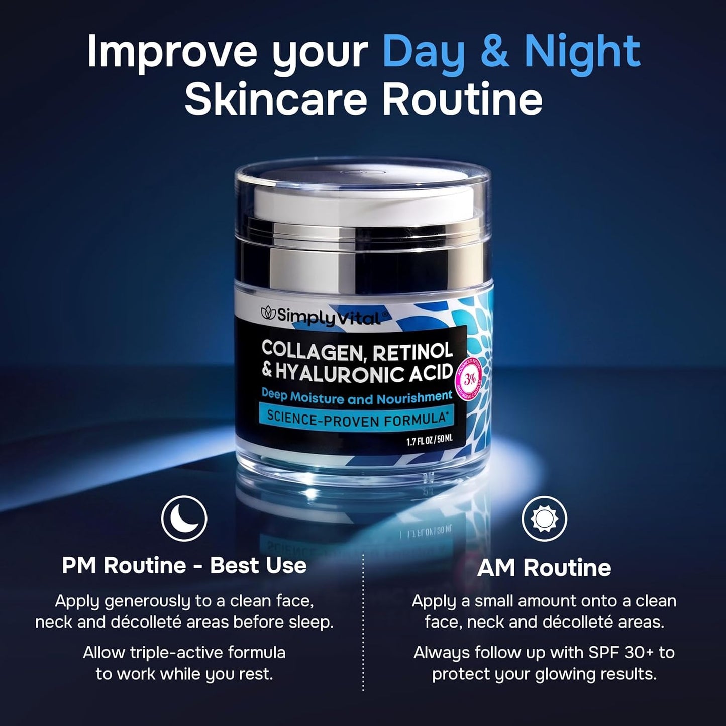 SimplyVital Face Moisturizer Retinol Collagen Hyaluronic Acid Cream 3.4 oz