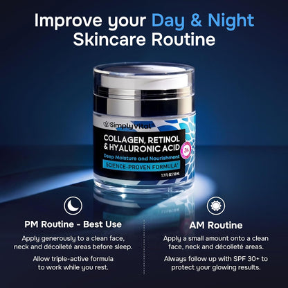 SimplyVital Face Moisturizer Retinol Collagen Hyaluronic Acid Cream 3.4 oz
