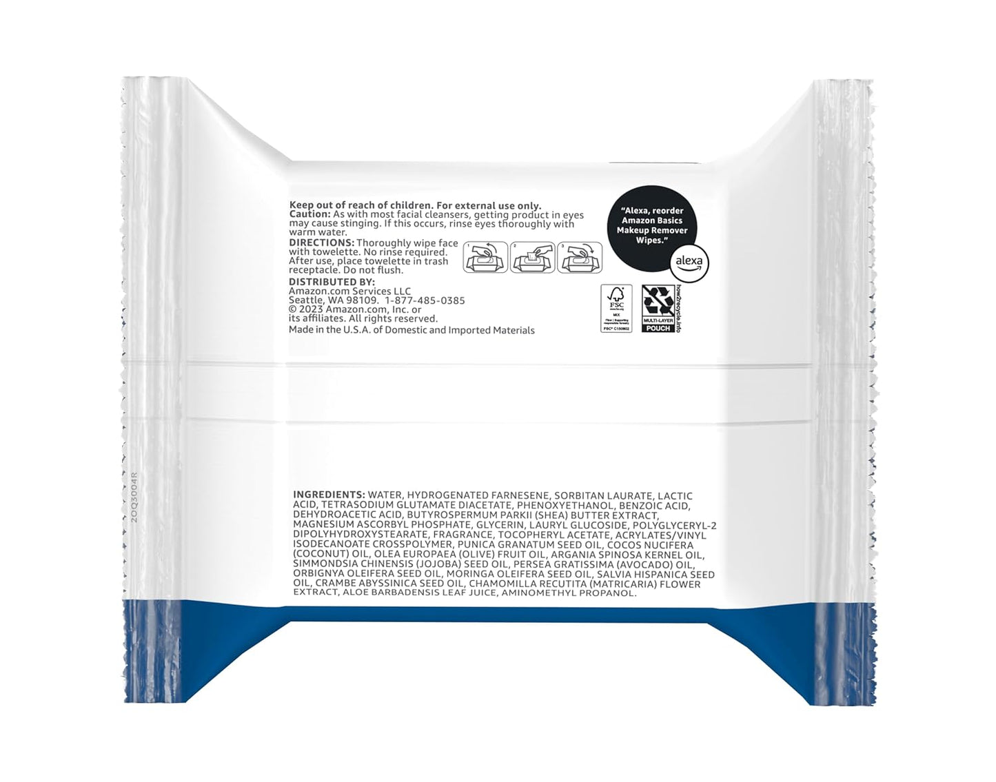 Amazon Basics Makeup Remover Wipes, Fragrance-Free, Alcohol-Free, Gentle Cleansing, Plant-Based, Dermatologist Tested, Removes Waterproof Mascara, Resealable, 25 Count, 1-Pack