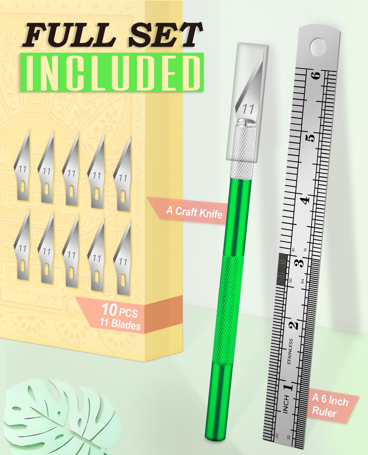DIYSELF Exacto Knife Set with 10 Extra #11 Blades, 6-Inch Metal Ruler, Pink