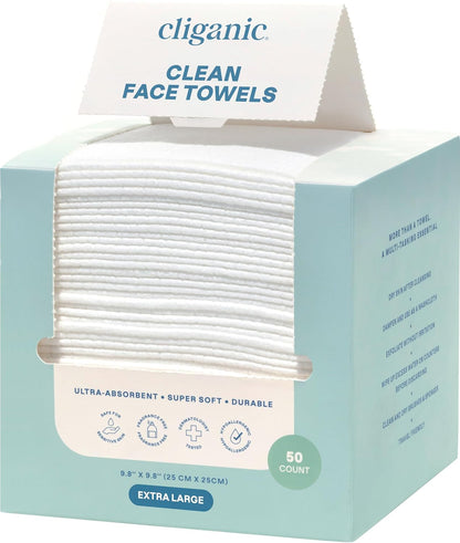 Cliganic Face Towels XL, Disposable Makeup Remover, Soft Dry Wipes, 50 ct