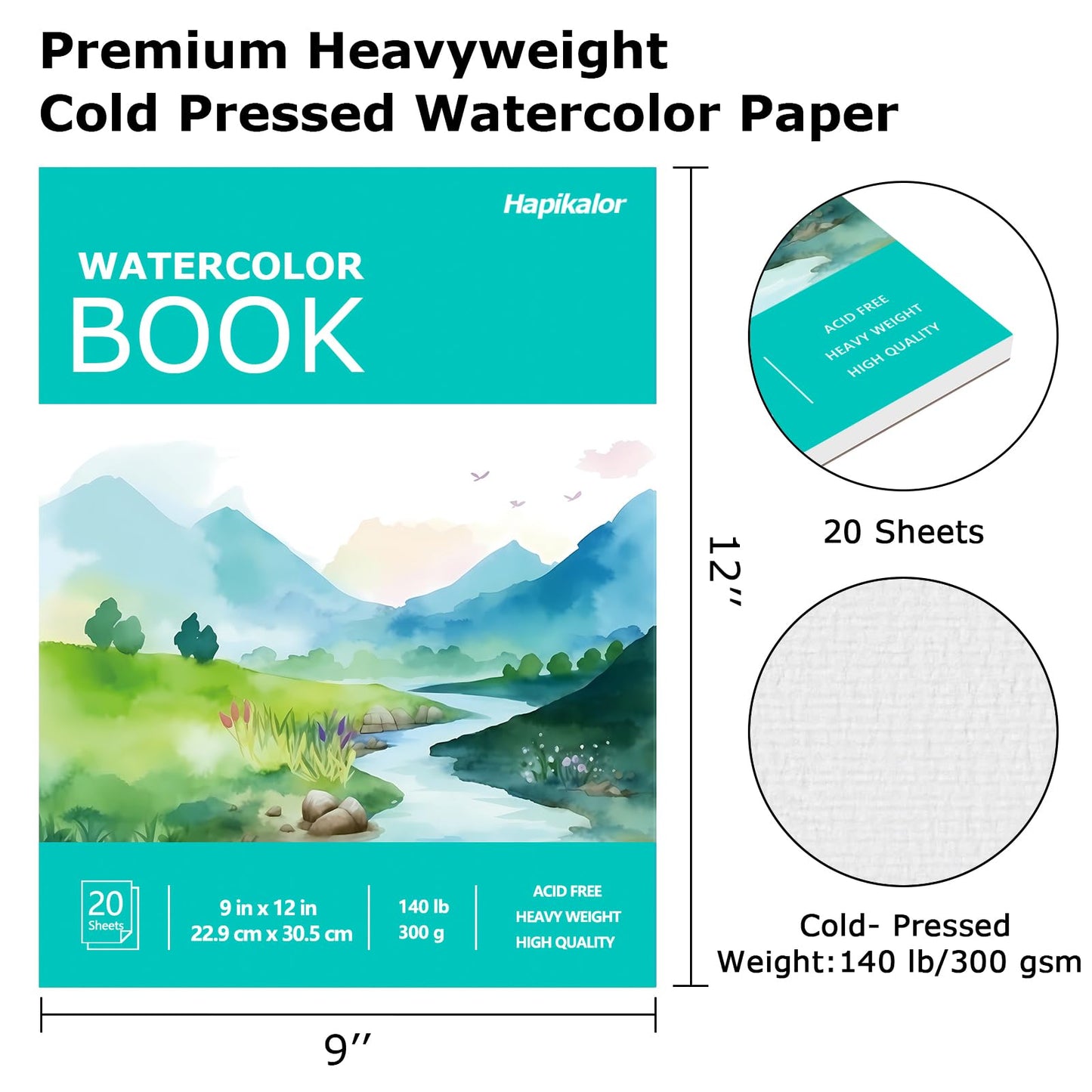 Hapikalor Watercolor Paper Pad, 9"x12" Water Color Paper, 140lb/300gsm Teal