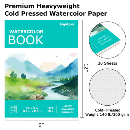 Hapikalor Watercolor Paper Pad, 9"x12" Water Color Paper, 140lb/300gsm Teal
