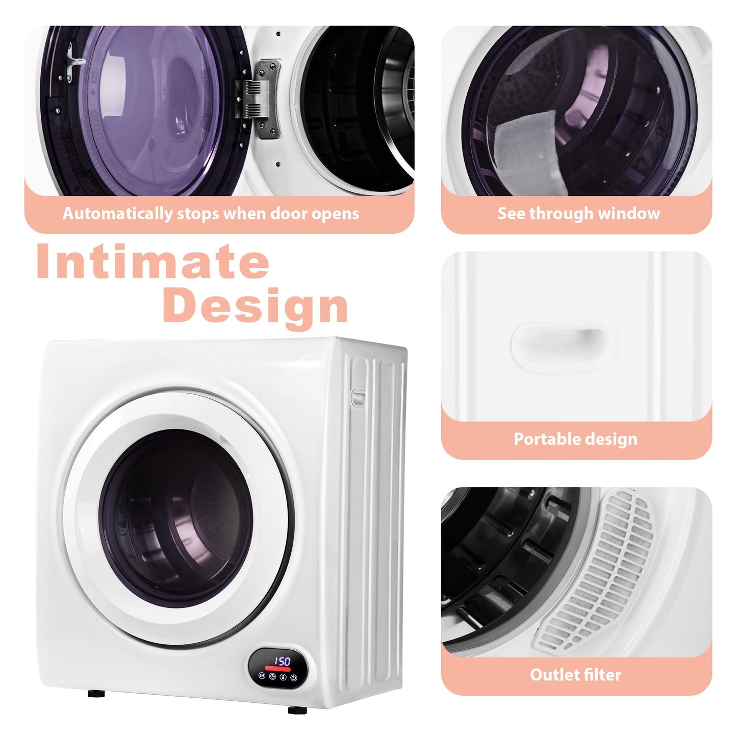 Euhomy Portable Clothes Dryer for Laundry, 1.5 Cu. Ft. Small Portable Dryers for Clothes, 120V Electric Dryer with Stainless Steel Drum, 850W Dryer Machine for Apartments, White