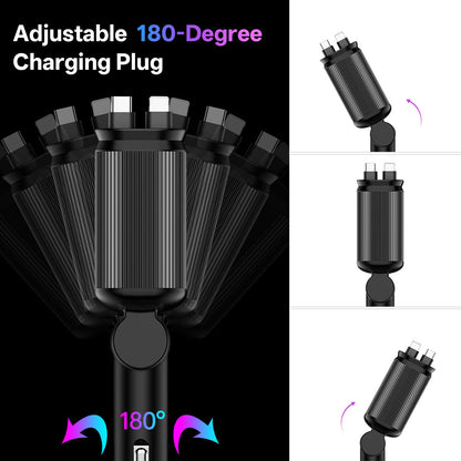 Retractable Car Charger, 4-in-1 Fast Charger with USB-C & USB-A