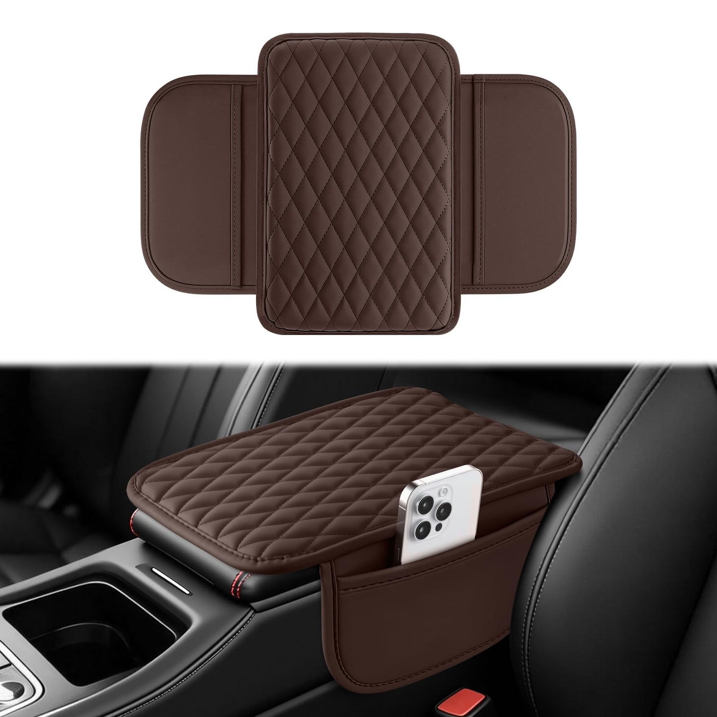 Amiss Car Center Console Cover, Upgraded Leather Car Armrest Cushion with 2 Storage Pockets, Universal Waterproof Cushion Pad, Non-Slip Car Interior Accessories, Fits Most Sedans SUVs Trucks (Black)