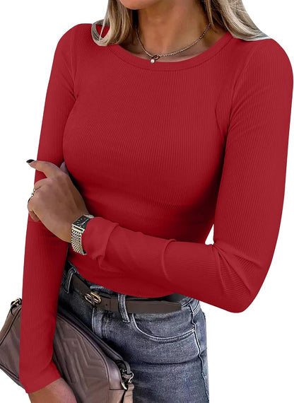 ANRABESS Women Long Sleeve Shirts Ribbed Fitted Tops