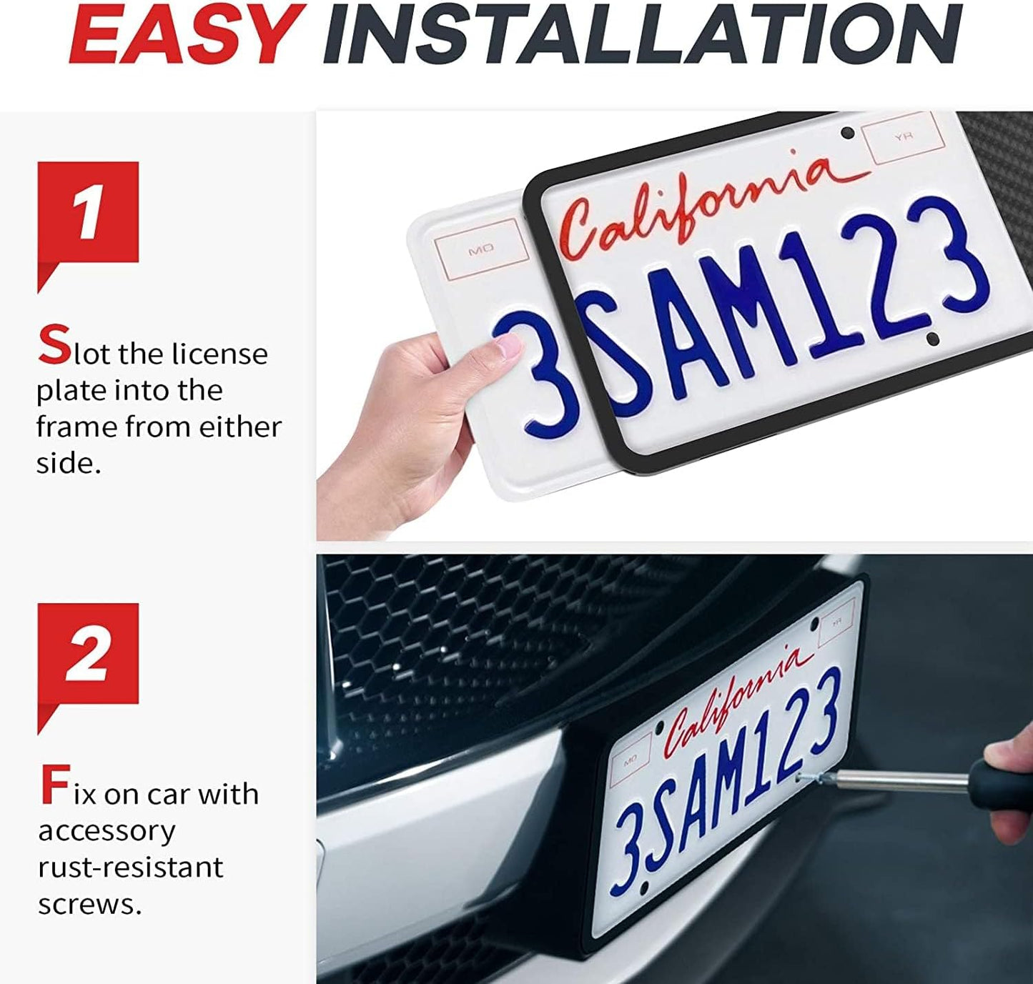 Aujen Silicone License Plate Frames,2 Pack Black Side-Opening License Bracket Holder with Easy Installation, License Plate Frame Without Obstruction.Rustproof, Rattle Proof & Weatherproof Universal