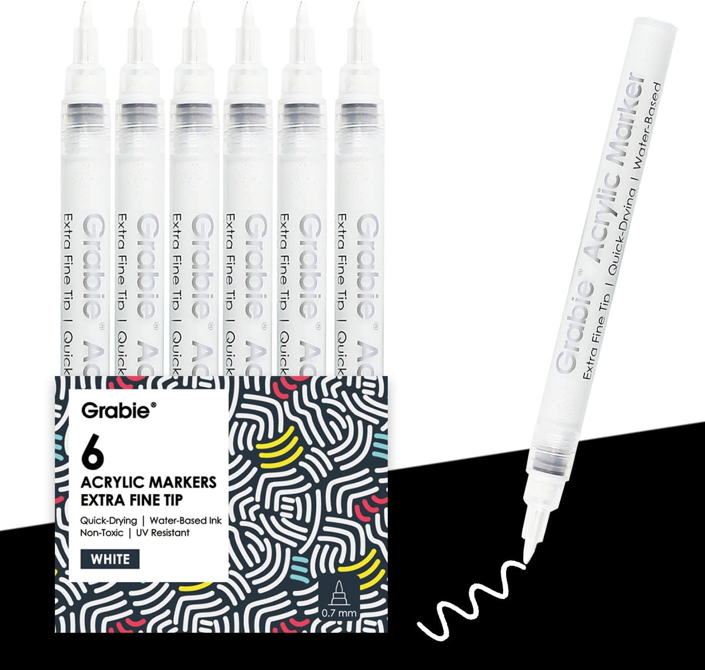 Grabie 6 White Acrylic Paint Markers, 0.7 mm Extra Fine Tip