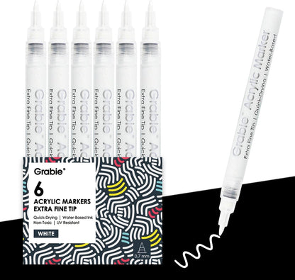 Grabie 6 White Acrylic Paint Markers, 0.7 mm Extra Fine Tip