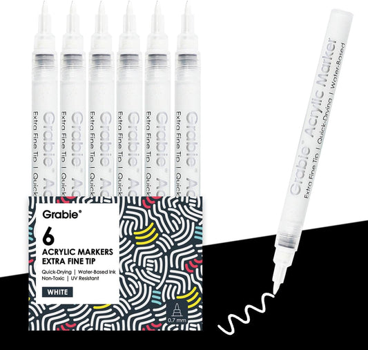 Grabie 6 White Acrylic Paint Markers, 0.7 mm Extra Fine Tip