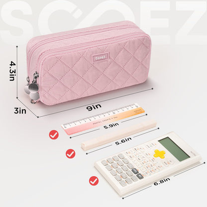 Sooez Large Pencil Case Pouch, Extra Big Pencil Bag with 8 Compartments, Pen Bag Wide Opening, Soft Quilted Pencil Pouch Organizer with Zipper, Portable Pencil Case for Teen Girls, Beige