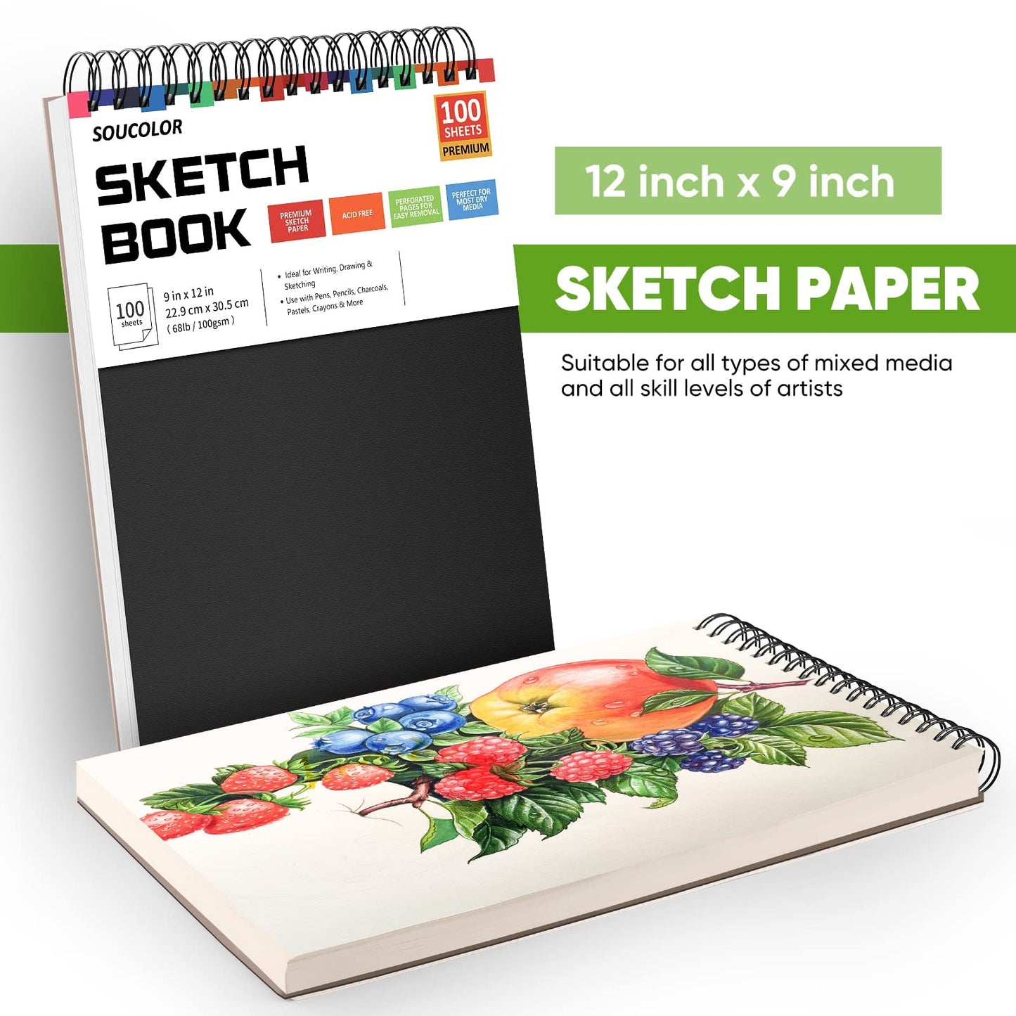 Soucolor Sketch Book 9" x 12", 100 Sheets Kids Art Sketchbook Drawing Pad