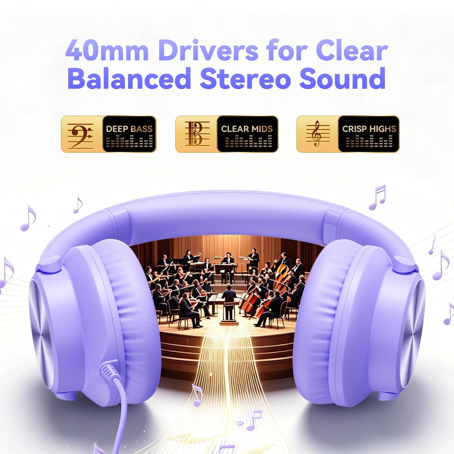 Wired Headphones with Mic, Over-Ear 3.5mm Corded Headphone for School Black