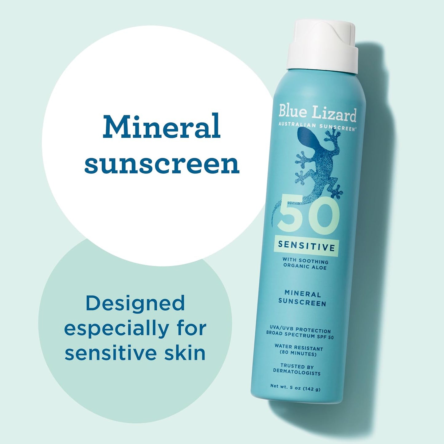 Blue Lizard Sensitive Mineral SPF 50 Sunscreen Lotion, 100% Mineral Sunscreen, UVA/UVB Protection, Infused with organic Aloe Vera, Soothes and Hydrates, 5 fl oz