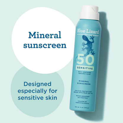 Blue Lizard Sensitive Mineral SPF 50 Sunscreen Lotion, 100% Mineral Sunscreen, UVA/UVB Protection, Infused with organic Aloe Vera, Soothes and Hydrates, 5 fl oz