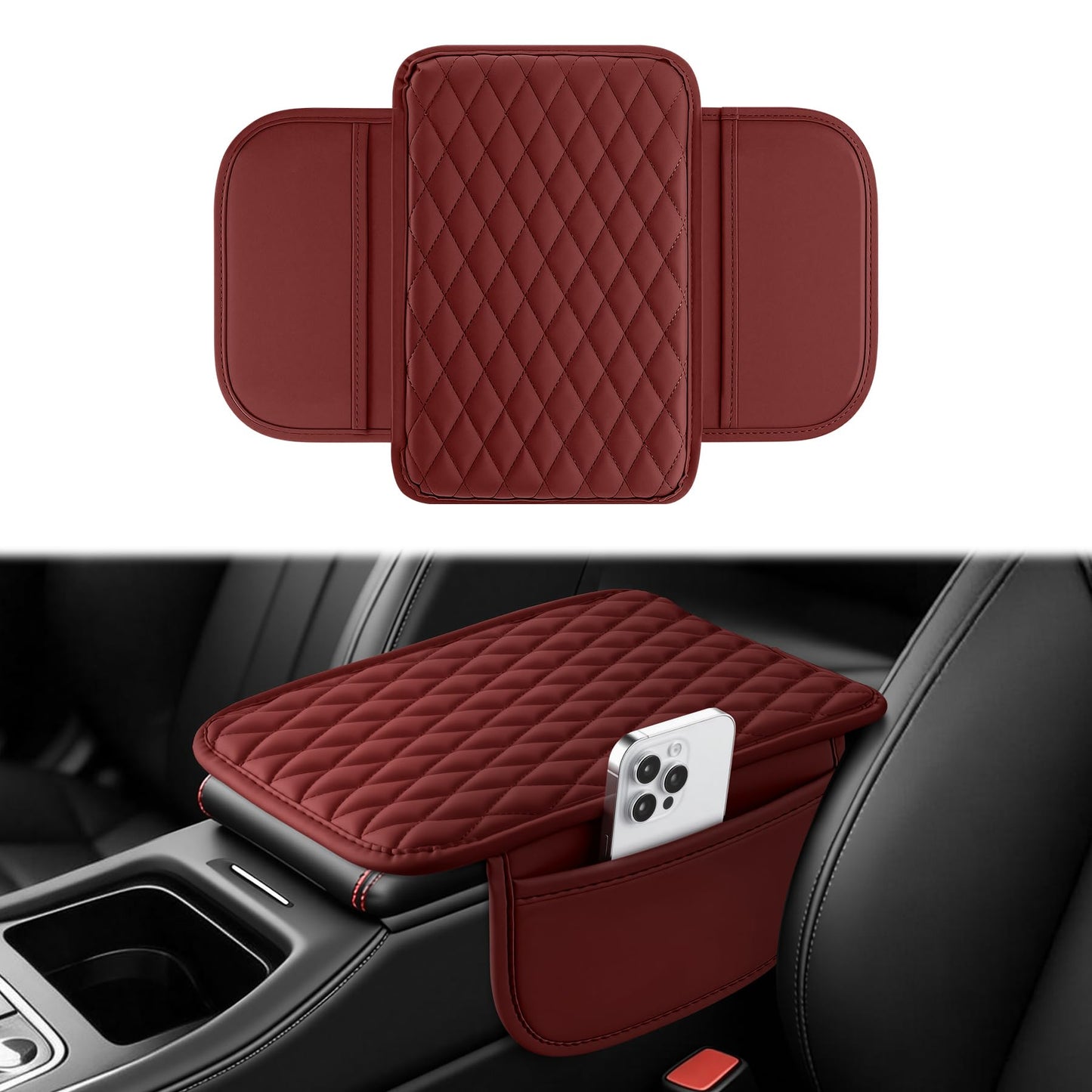 Amiss Car Center Console Cover, Upgraded Leather Car Armrest Cushion with 2 Storage Pockets, Universal Waterproof Cushion Pad, Non-Slip Car Interior Accessories, Fits Most Sedans SUVs Trucks (Black)