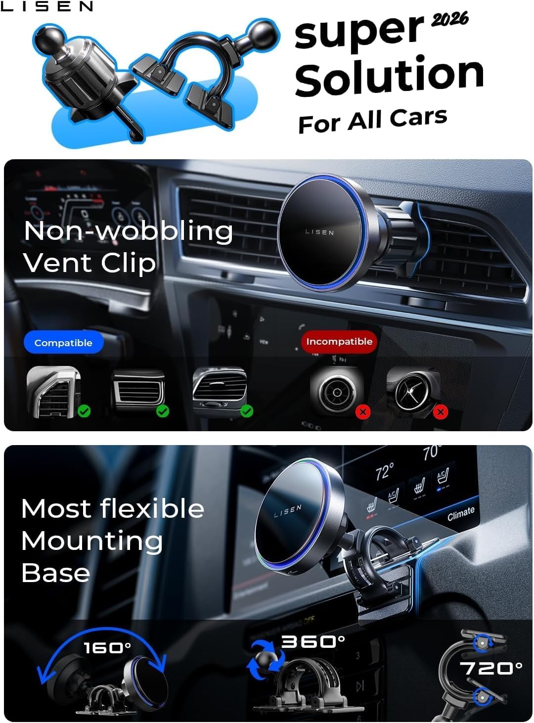 LISEN 15W MagSafe Car Mount Charger, Magnetic Phone Holders for Your Car