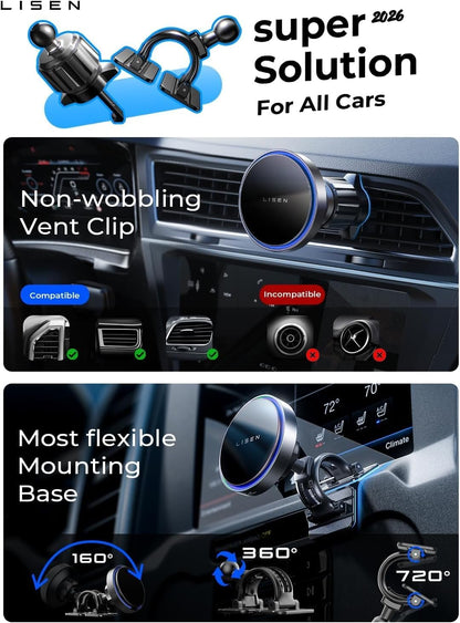 LISEN 15W MagSafe Car Mount Charger, Magnetic Phone Holders for Your Car