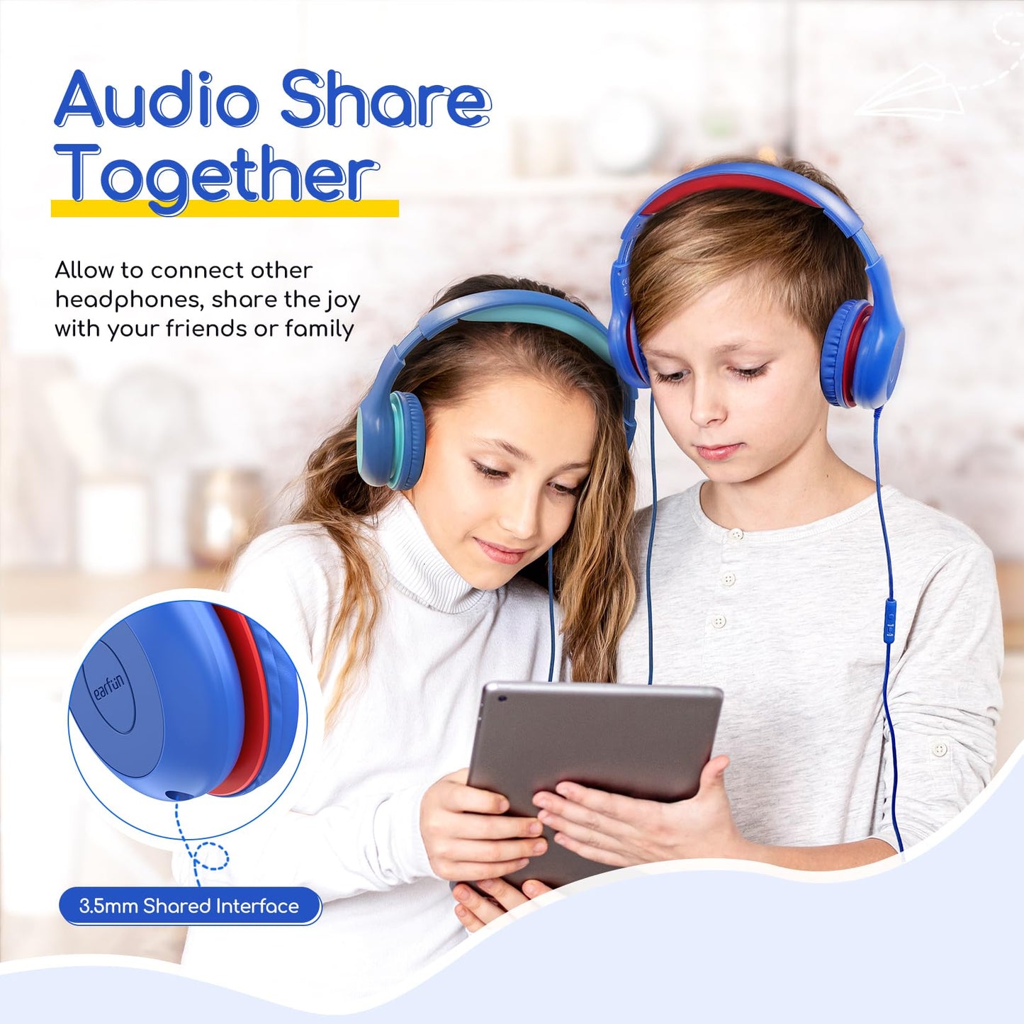 EarFun K1 Kids Headphones Wired with Mic, Volume Limit Headphones for Kids