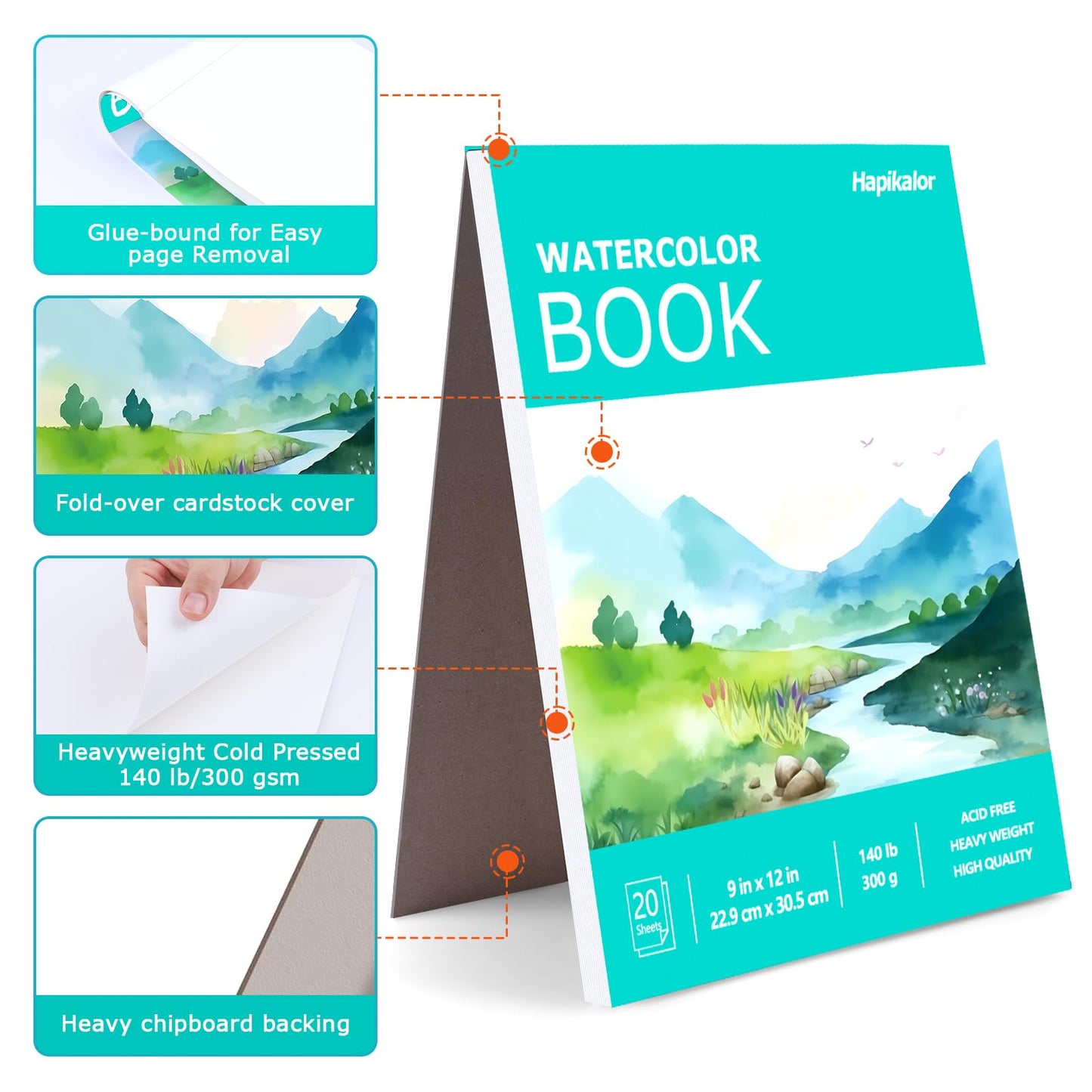 Hapikalor Watercolor Paper Pad, 9"x12" Water Color Paper, 140lb/300gsm Teal
