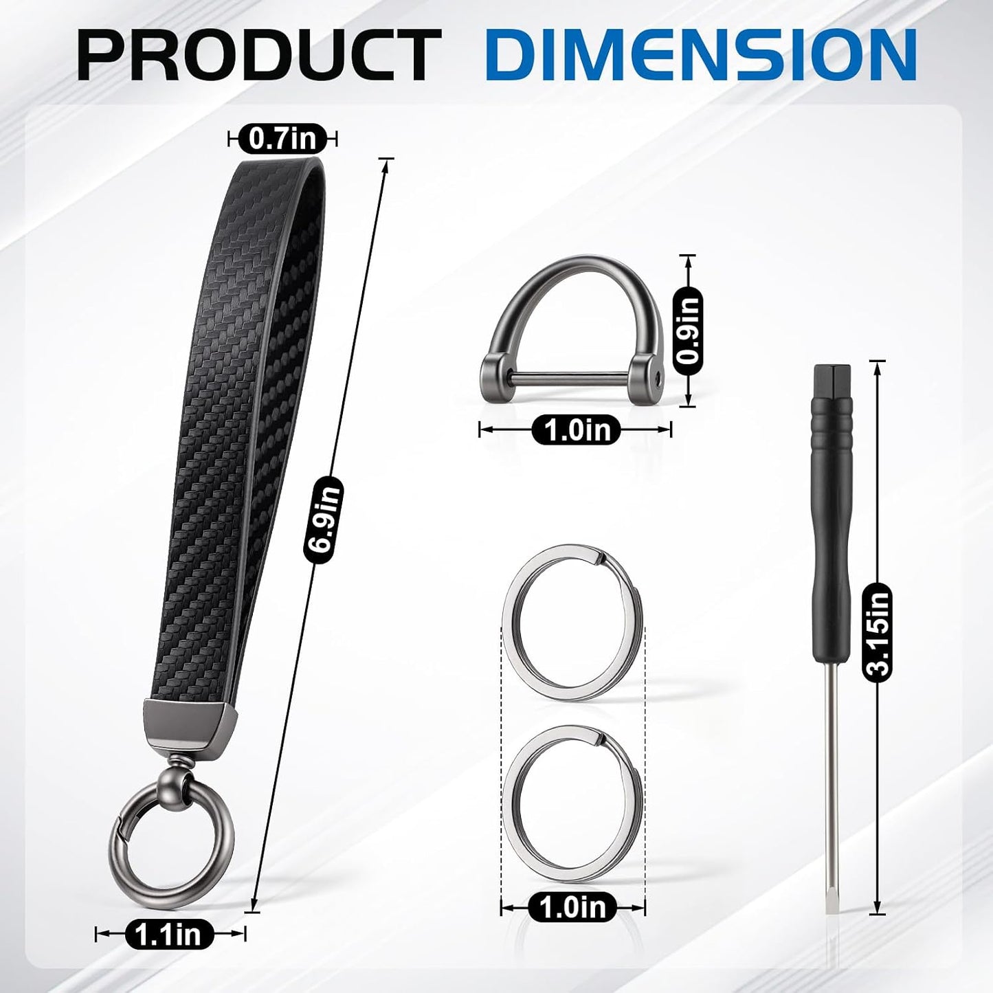 JUSTTOP Leather Keychain, Carbon Fiber Car Key Chain with Anti-Lost D-Ring and 2 Key Ring, Keychain Wristlet, Car Accessories, Universal Keychain for Men and Women (Black)