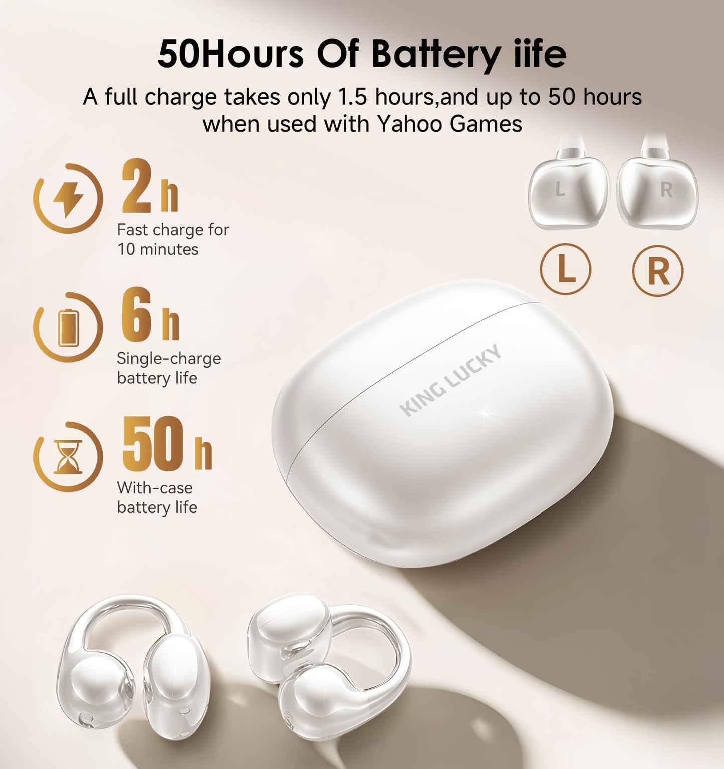 King Lucky Clip-On Earbuds Gen 3, Open-Ear Wireless Bluetooth 6.0 Headphones with Mic, Secure Fit for Small Ears & Glasses Wearers, 50H Playtime, ENC, IPX5 Waterproof Sport Ear Buds (Purple)