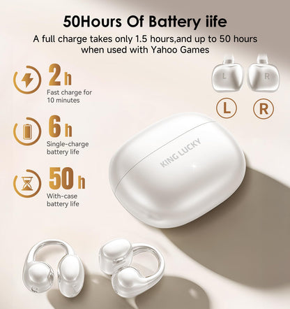 King Lucky Clip-On Earbuds Gen 3, Open-Ear Wireless Bluetooth 6.0 Headphones with Mic, Secure Fit for Small Ears & Glasses Wearers, 50H Playtime, ENC, IPX5 Waterproof Sport Ear Buds (Purple)