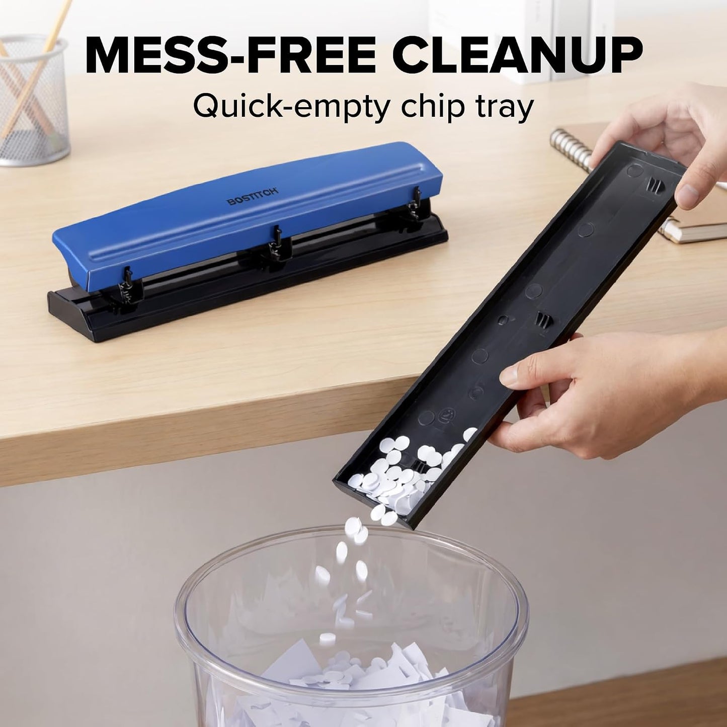 Bostitch Office Premium 3 Hole Punch, 12 Sheet Capacity, Metal, Rubber Base, Easy-Clean Tray, Silver