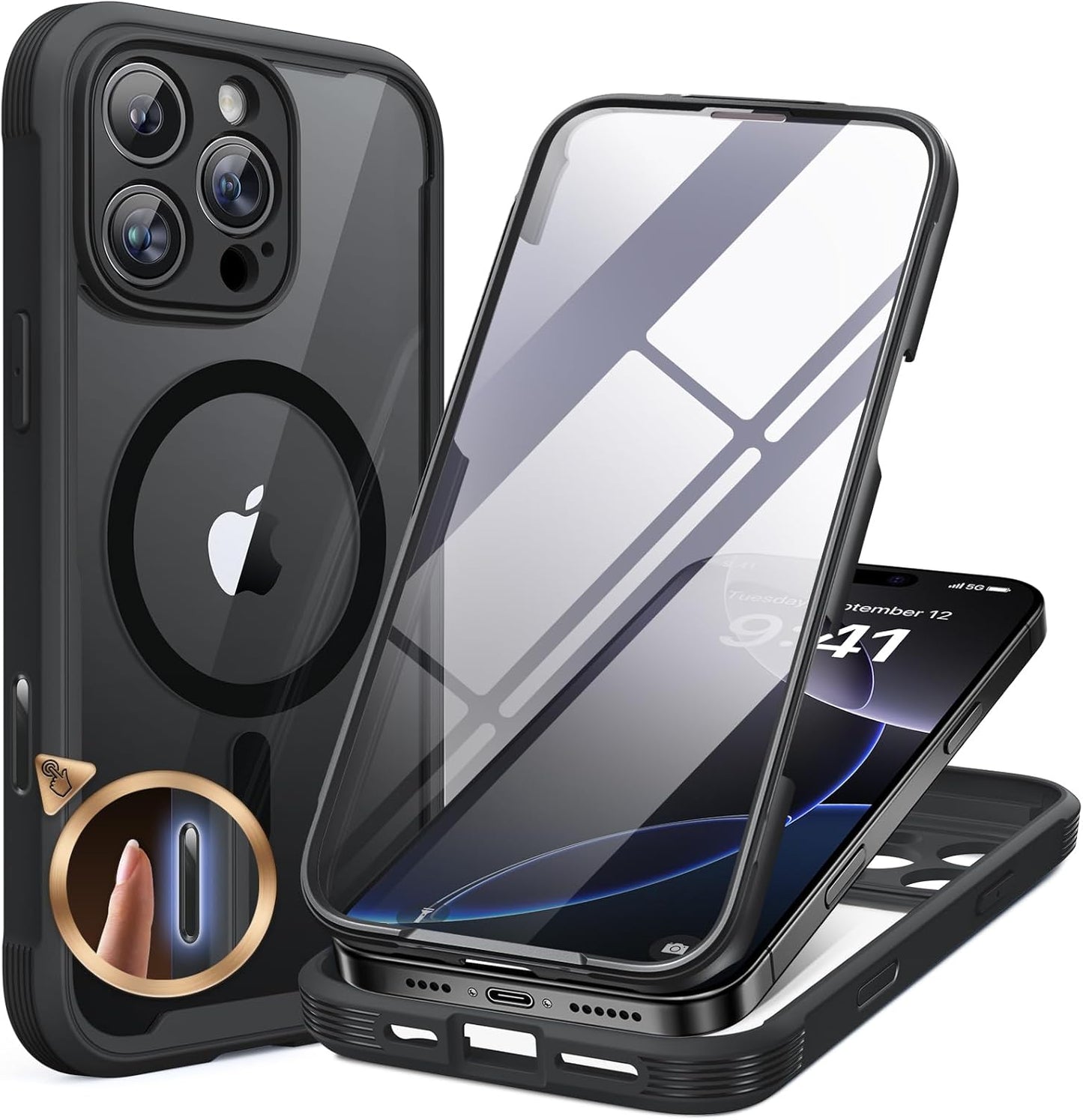 miracase for iPhone 17e Case & iPhone 16e Case, Full-Body Phone with Built-in Glass Screen Protector, [Magnetic with MagSafe] Military Drop Proof 17 E/ 16 E Cover Bumper 6.1 inch, Black