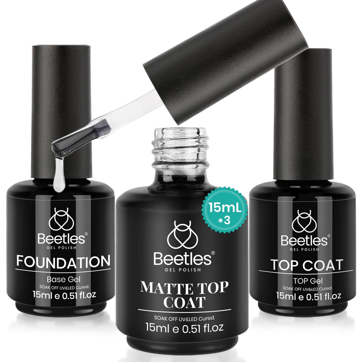 Beetles 2 Pcs 15ml No Wipe Gel Top Coat and Base Coat Set