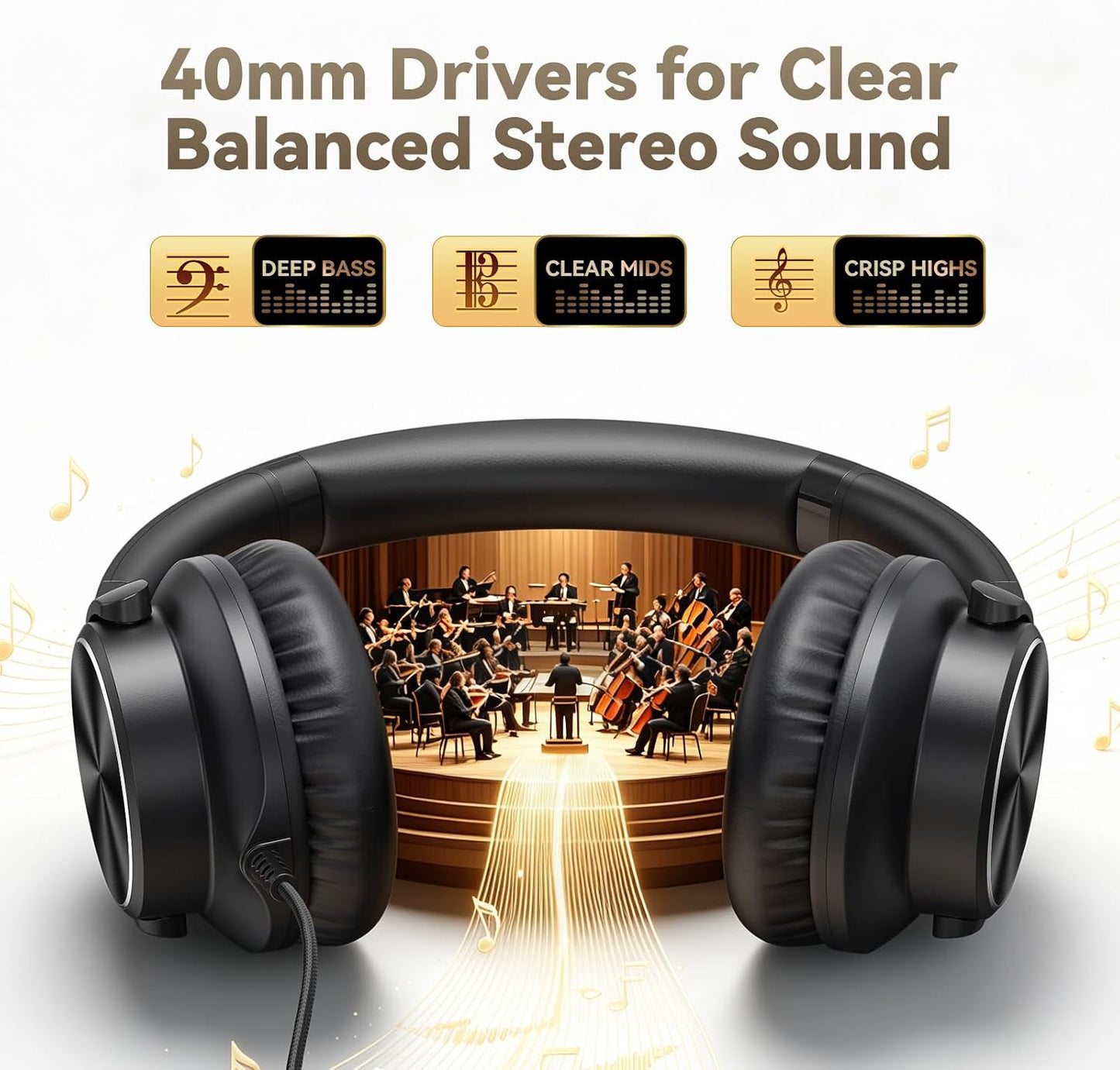 Wired Headphones with Mic, Over-Ear 3.5mm Corded Headphone for School Black