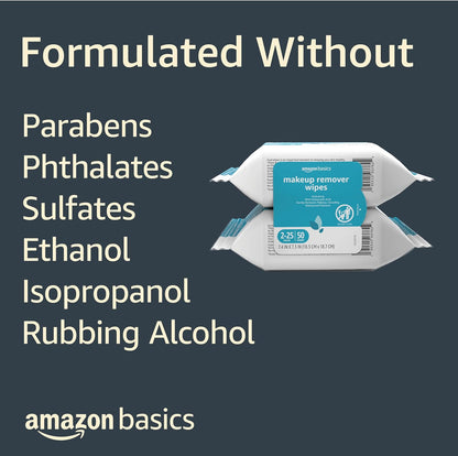 Amazon Basics Makeup Remover Wipes, Fragrance-Free, Alcohol-Free, Gentle Cleansing, Plant-Based, Dermatologist Tested, Removes Waterproof Mascara, Resealable, 25 Count, 1-Pack