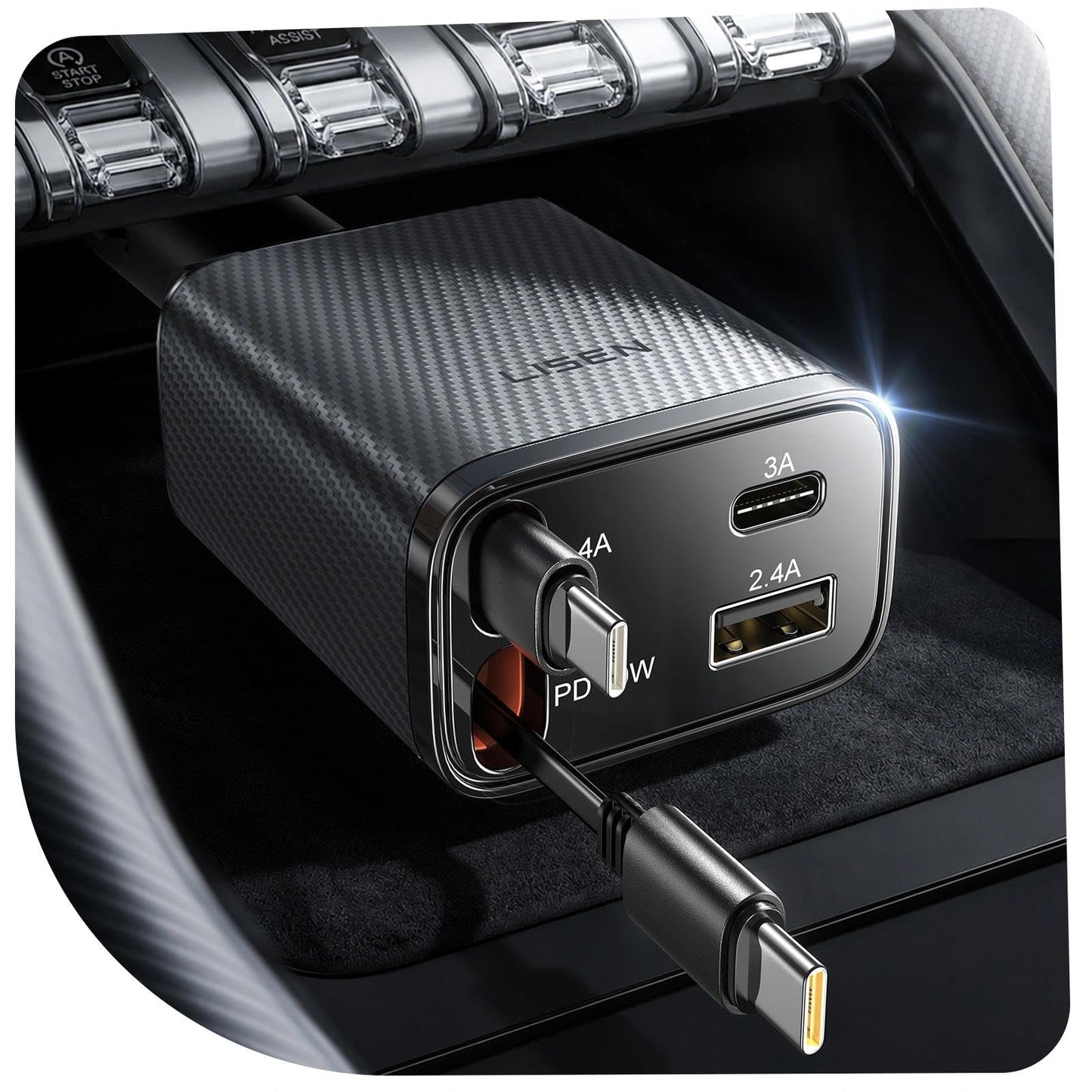 LISEN 72W Retractable Car Charger Ultra-Compact USBC Fast Car Charger