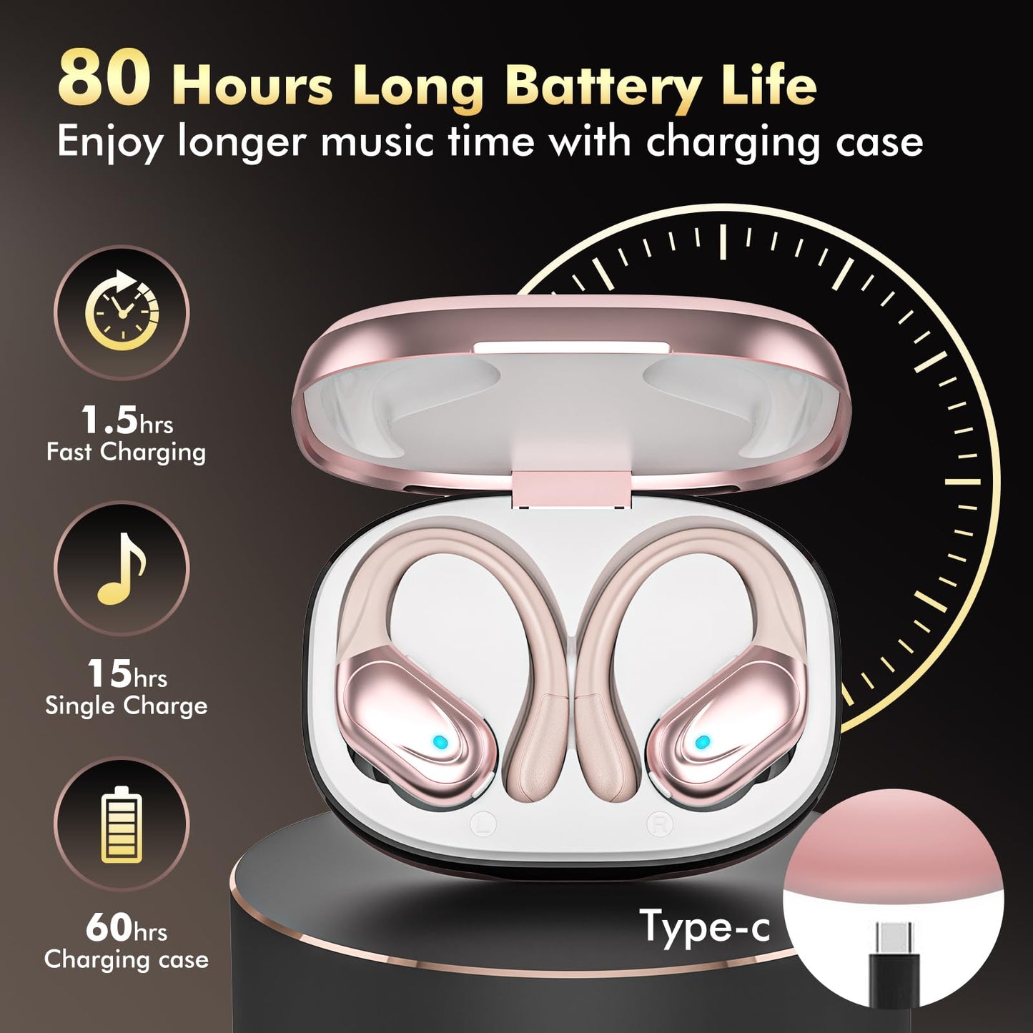 HAOYUYAN Wireless Earbuds, Sports Bluetooth Headphones, 80Hrs Playtime Ear Buds with LED Power Display, Noise Canceling Headset, IPX7 Waterproof Earphones for Workout/Running (Purple)