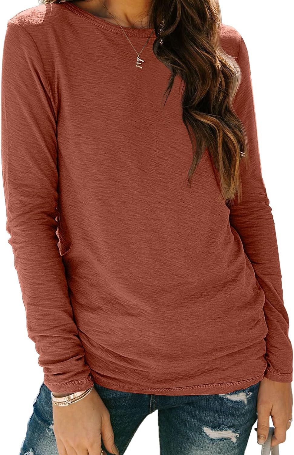 AUTOMET Women's Long Sleeve Crewneck Shirts Casual Basic Tops