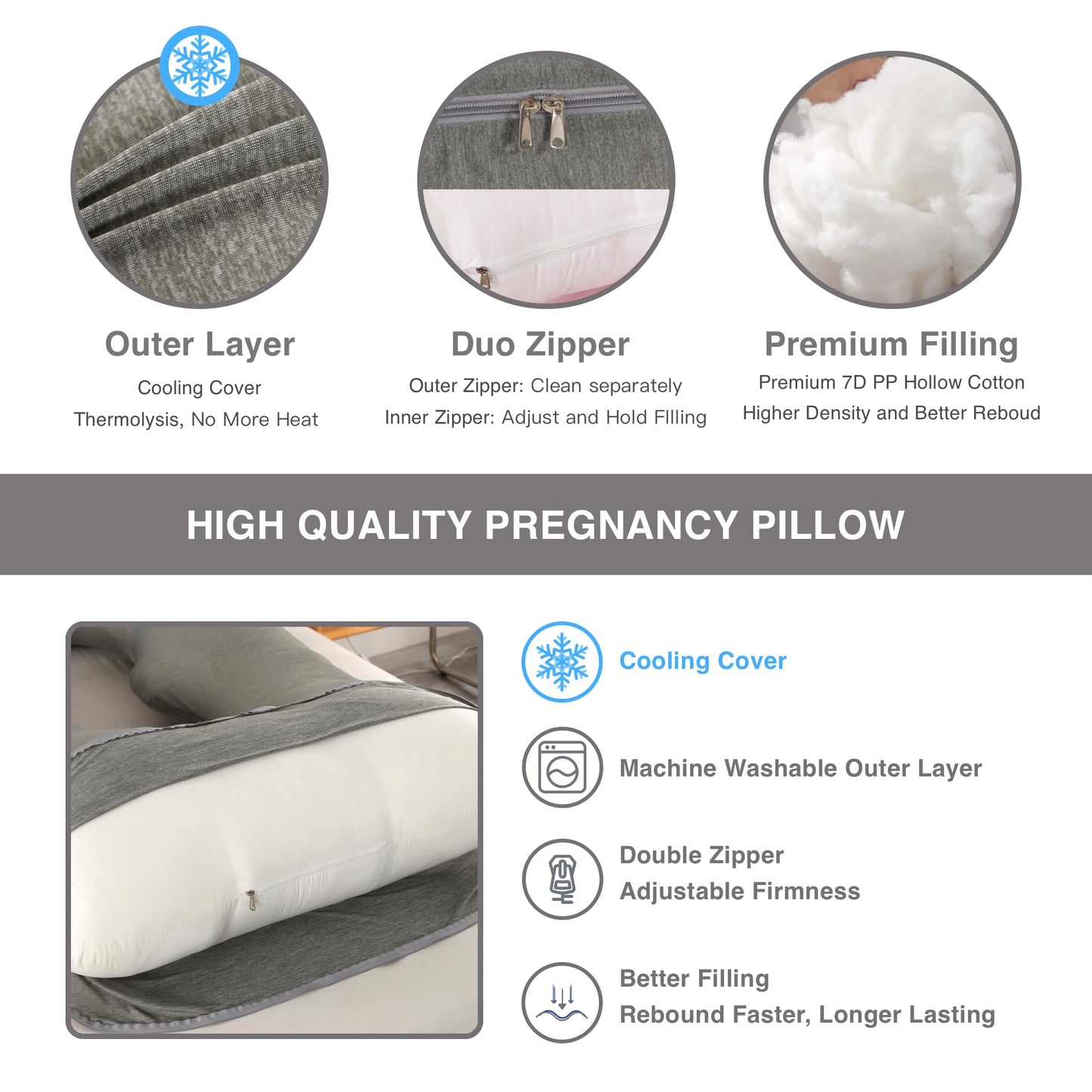 ALLOPERA Pregnancy Pillow, Full Body Maternity Pillow 57 inch, with Removable Washable Cover - Sleep Support for Legs, Back, Neck, Shoulder, HIPS, Belly, Velvet Cover-Grey-Dark Blue
