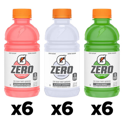 Gatorade G Zero Sports Drink, Glacier Cherry, Watermelon Splash, Apple Burst Variety Pack, 12 Fl Oz (Pack of 18)