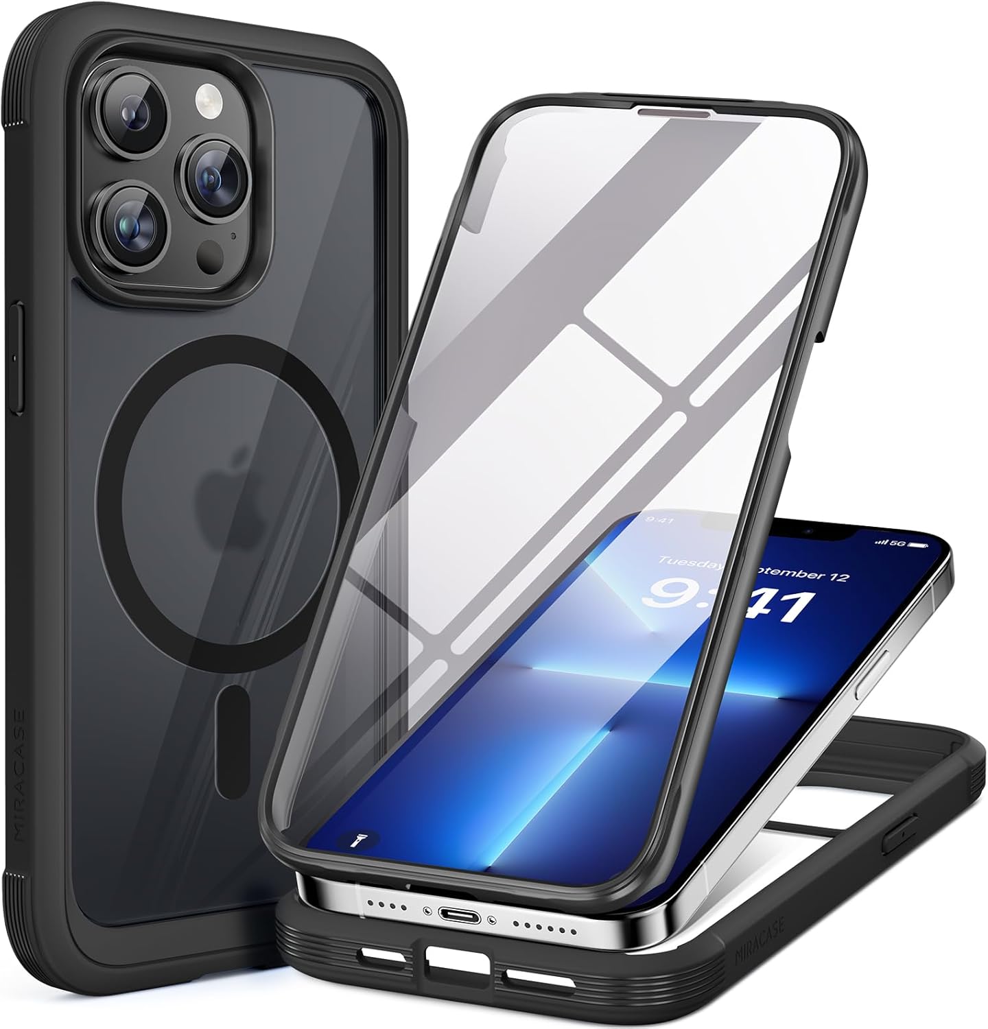 miracase for iPhone 17e Case & iPhone 16e Case, Full-Body Phone with Built-in Glass Screen Protector, [Magnetic with MagSafe] Military Drop Proof 17 E/ 16 E Cover Bumper 6.1 inch, Black