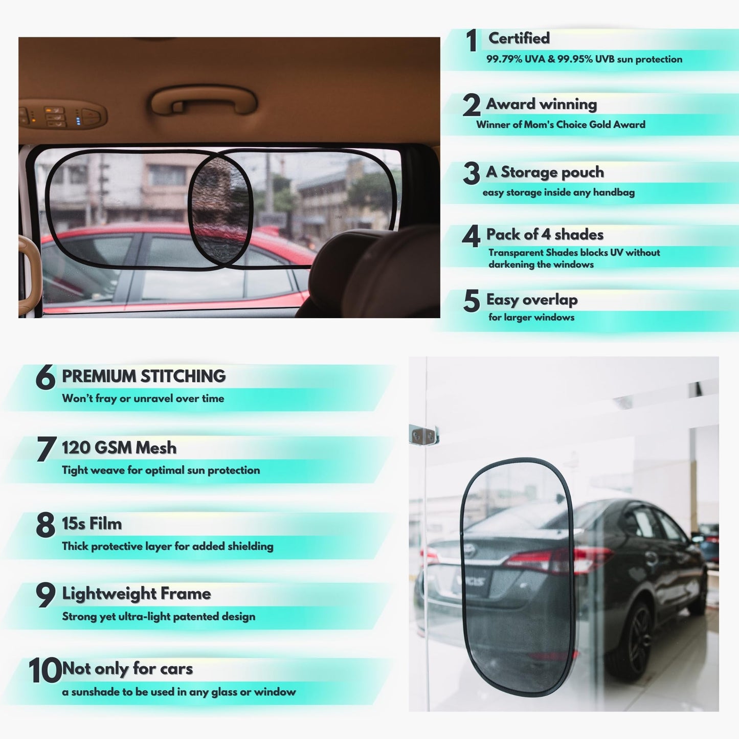 Car Window Shades - Certified 99.79% UVA & 99.95% UVB sun protection. Award winning car sun shade for side windows. 4 Pack (2 Transparency options) 20" x 12" -window shade for car baby by Kinder Fluff
