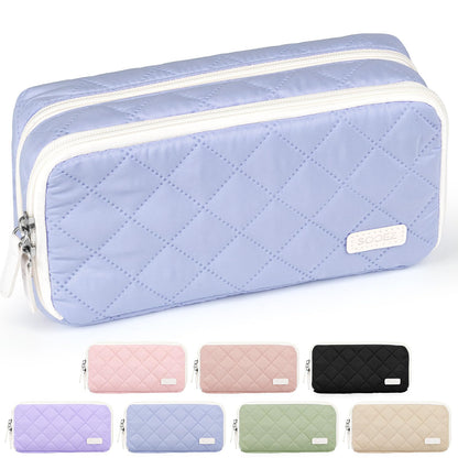 Sooez Large Pencil Case Pouch, Extra Big Pencil Bag with 8 Compartments, Pen Bag Wide Opening, Soft Quilted Pencil Pouch Organizer with Zipper, Portable Pencil Case for Teen Girls, Beige