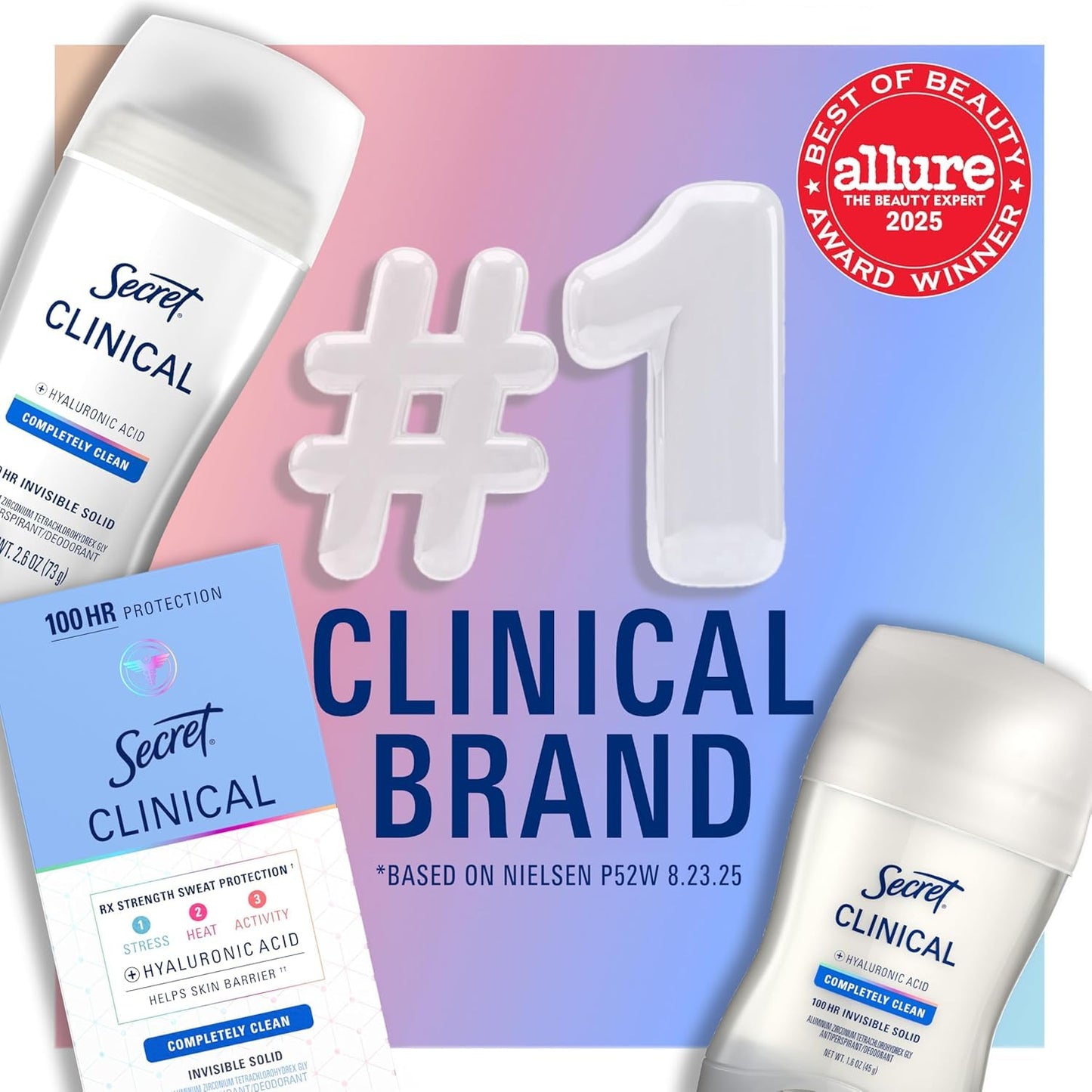 Secret Clinical Strength 100HR Sweat & Odor, Clear Gel Antiperspirant Deodorant for Women, 3X Stress Protection with Hyaluronic Acid, PH Balancing Minerals, Clear Lavender Scent, 2.6 oz