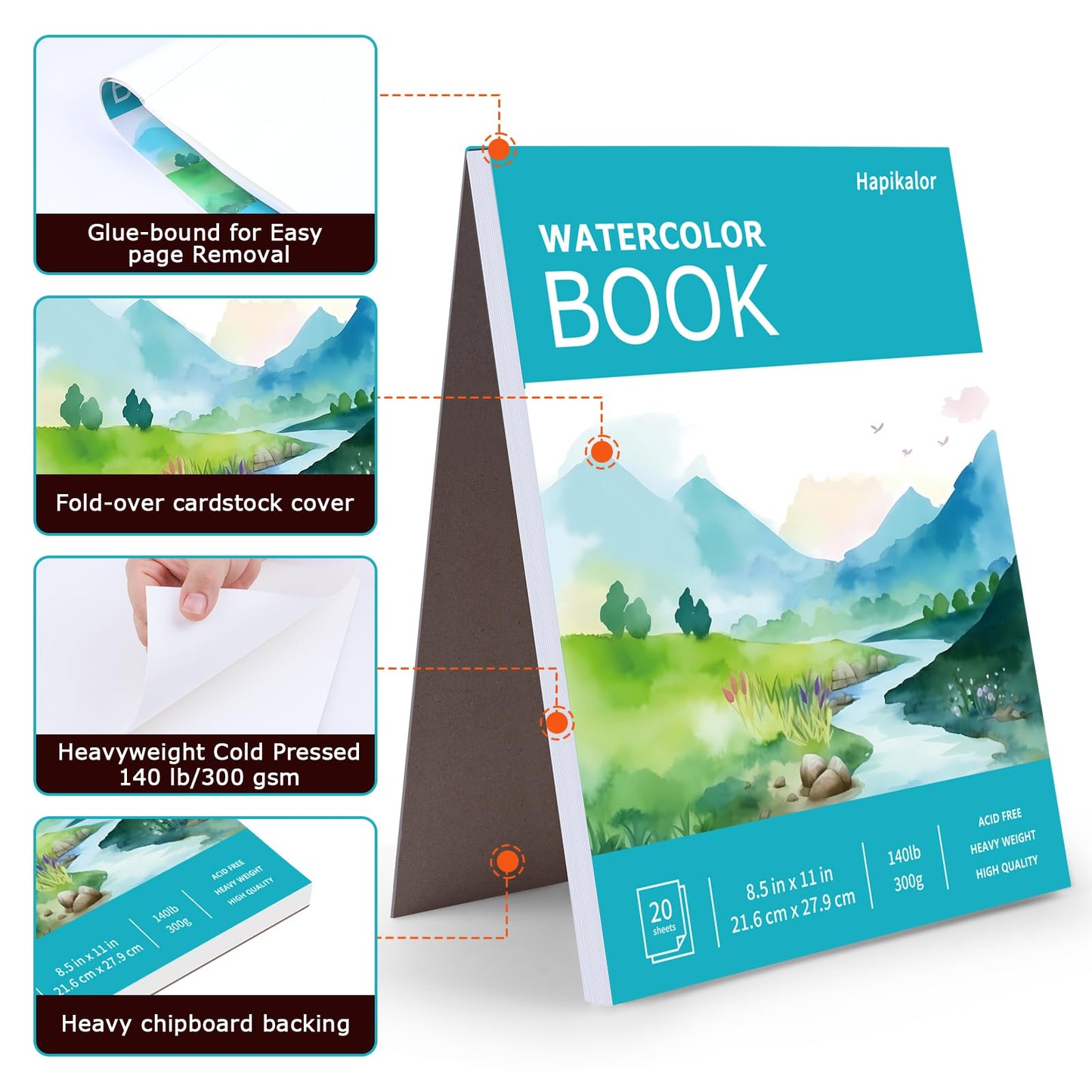 Hapikalor Watercolor Paper Pad, 9"x12" Water Color Paper, 140lb/300gsm Teal