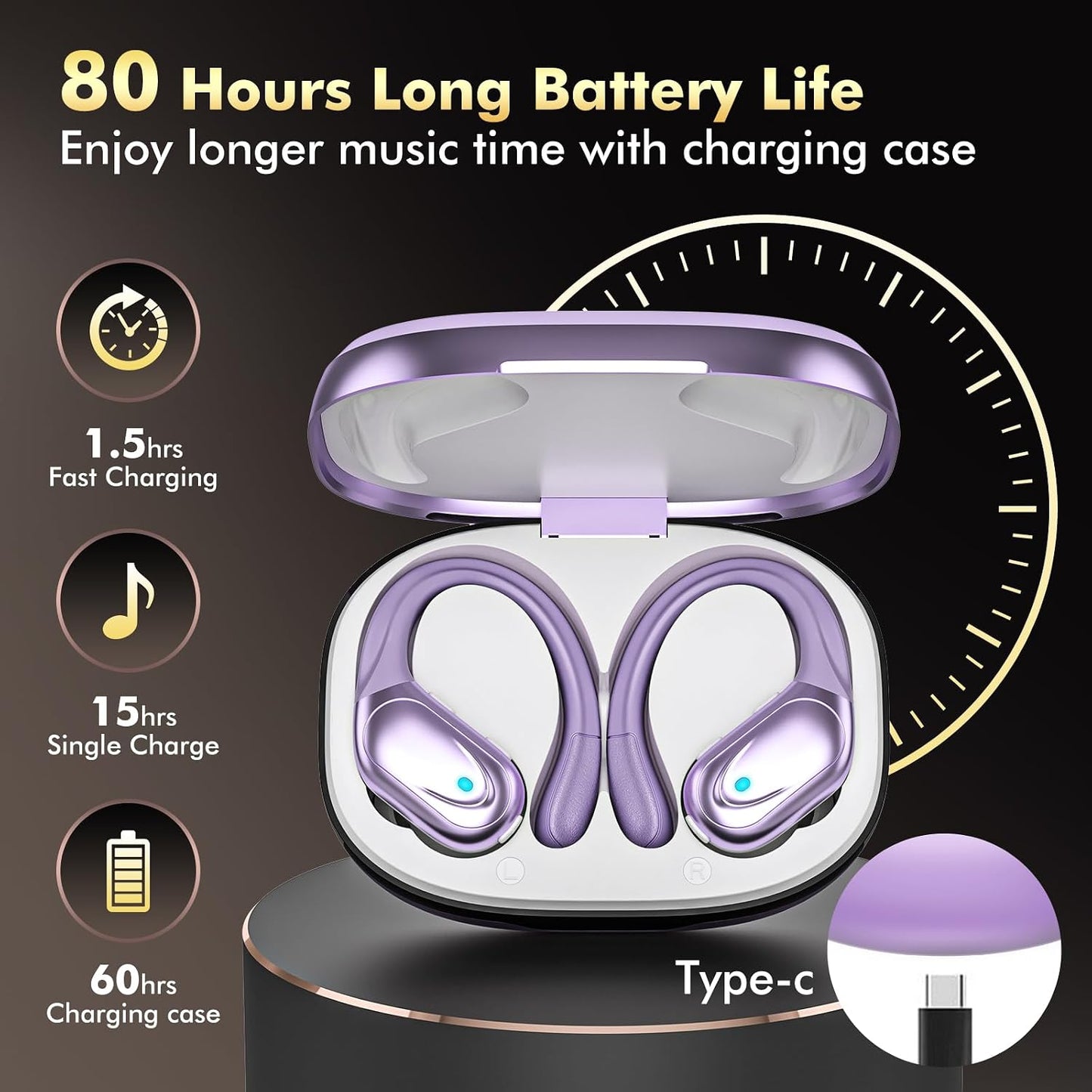 HAOYUYAN Wireless Earbuds, Sports Bluetooth Headphones, 80Hrs Playtime Ear Buds with LED Power Display, Noise Canceling Headset, IPX7 Waterproof Earphones for Workout/Running (Purple)