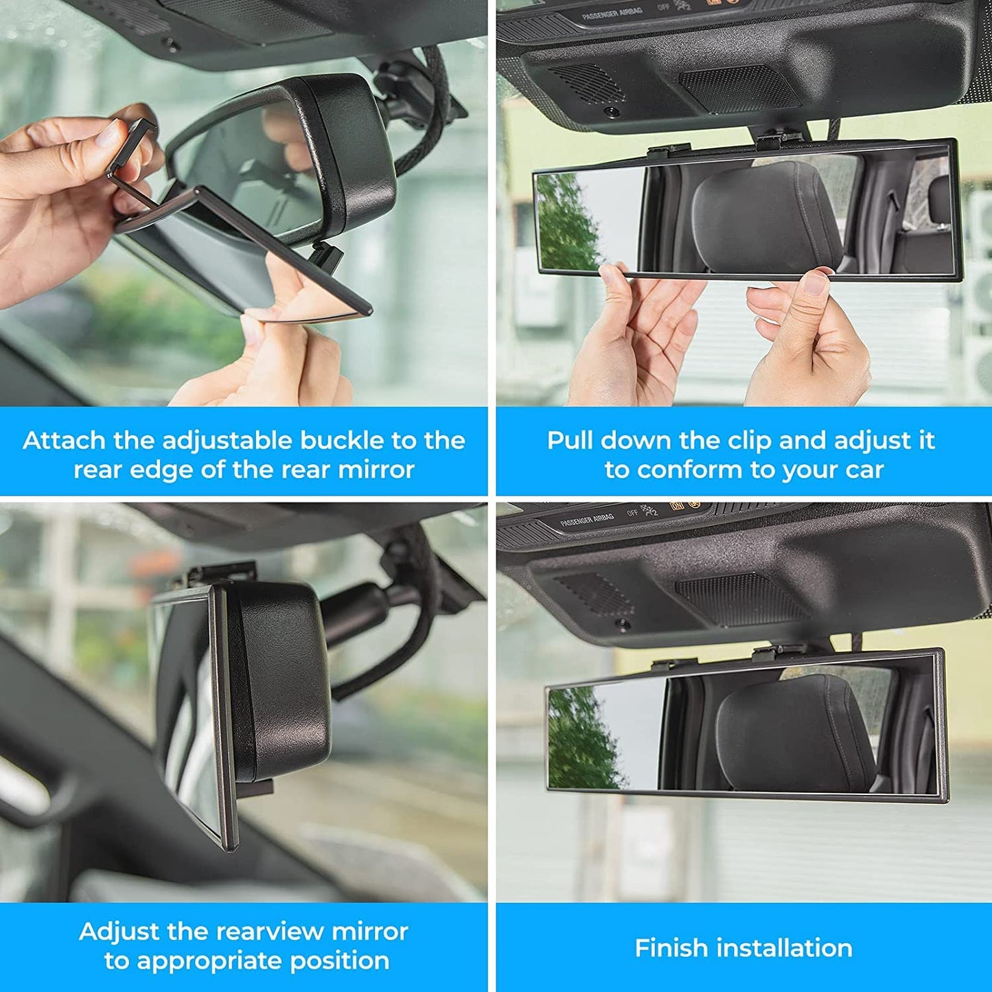 JOYTUTUS Rear View Mirror, Universal 12 Inch Panoramic Convex Rearview Interior Clip-on Wide Angle Mirror to Reduce Blind Spot Effectively for Car SUV Trucks - Blue