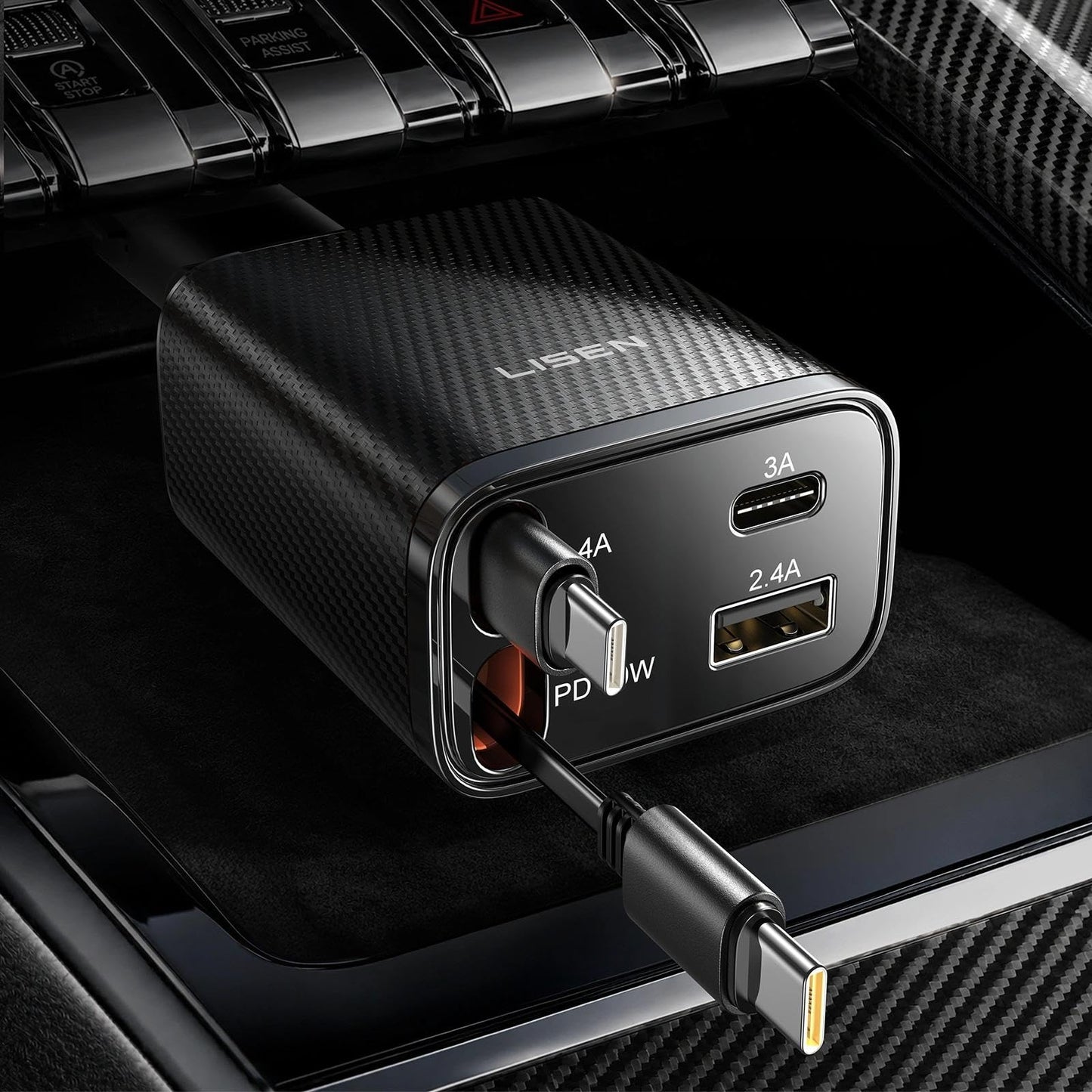 LISEN 72W Retractable Car Charger Ultra-Compact USBC Fast Car Charger