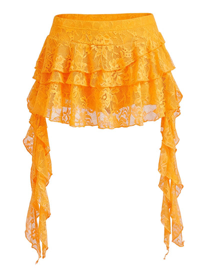 Women's Y2K Mini Skirt Ruffle Lace Mesh Asymmetrical Flowy Short Skort