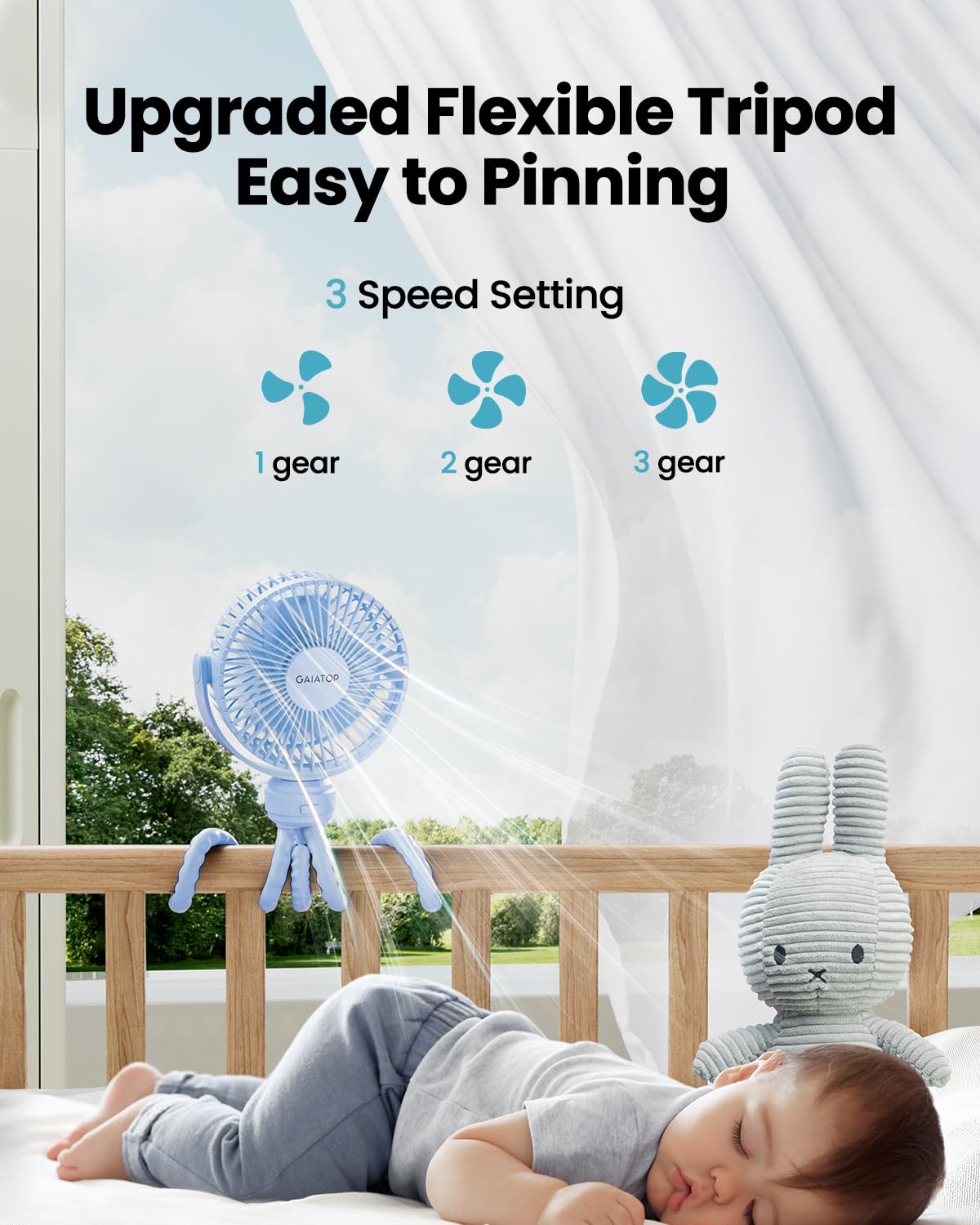 Gaiatop Mini Portable Stroller Fan, Small Clip on Fan 3 Speed Rechargeable