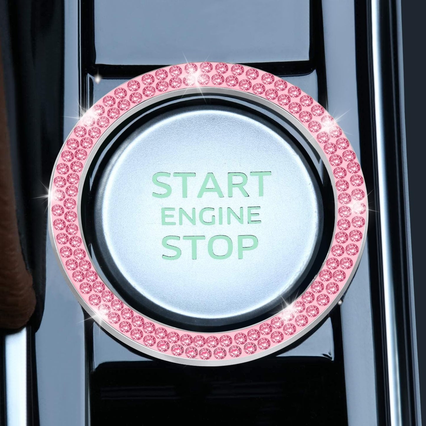 LivTee 2 PCS Crystal Double Rhinestone Car Engine Start Stop Decoration Ring, Bling Car Interior Accessories for Women, Push to Start Button Cover Sticker, Automotive Decals, Light Green