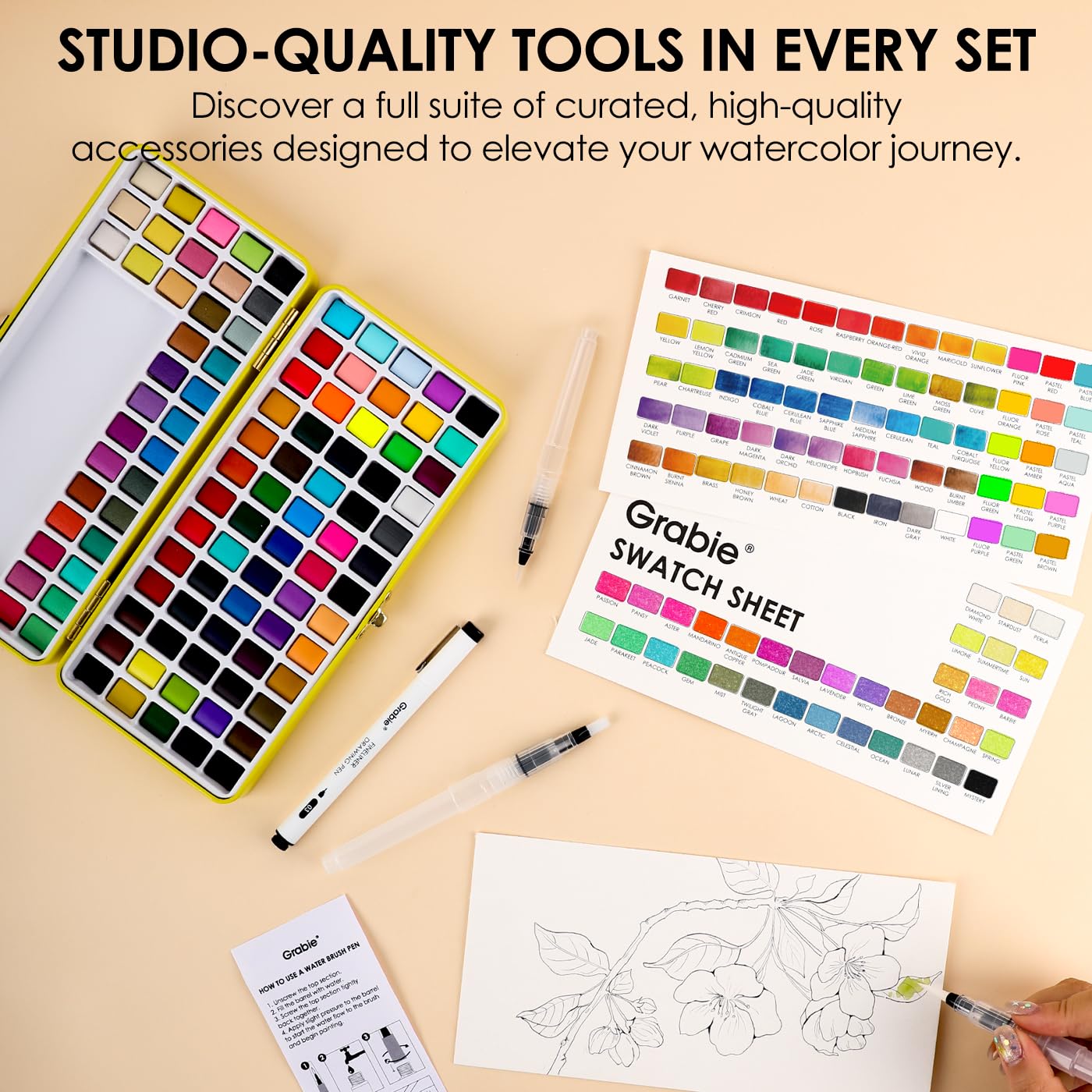 Grabie 50 Color Watercolor Paint Set with Brush Pens